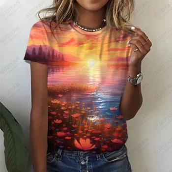 2023 Saulėlydžio Print T-shirt Vasaros Mados Pagrindinis T-shirt Moterų Patogus, Kvėpuojantis trumpomis Rankovėmis T-shirt Prarasti Atsitiktinis marškinėliai