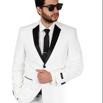 Baltas plonas verslo atsitiktinis 2 dalių kostiumas su juodomis įpjovomis atvartas jaunikis vestuvių Tailcoat oficialų vyrų grupė kostiumas (striukė+kelnės