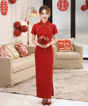 Elegantiškas Moteris, Kinijos Suknelės Sexy Raudona Nuotaka Vestuvių Qipao Derliaus Mandarinų Apykaklės Ilgai Vakare Šalies Cheongsam