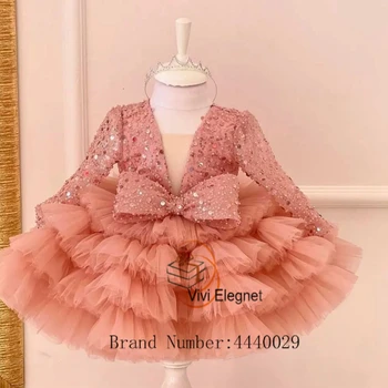 Pink Gėlių mergaičių Suknelės Baby V Kaklo Visą Rankovės Pakopų Vestuves Chalatai 2023 Vasaros Naują Blizgučiais فساتين اطفال للعيد