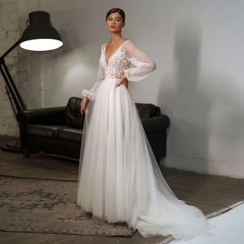 Žavinga Karšta Pardavimo Tiulio Vestuvių Suknelės Ilgomis Rankovėmis 2021 Vestuvių Suknelės V Iškirpte Aplikacijos Nuotakos Suknelės Atgal Teismas Traukinys