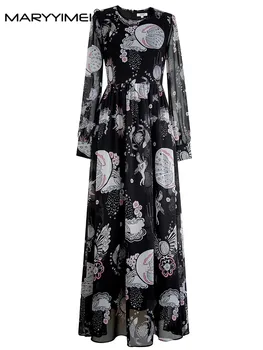 MARYYIMEI Pavasario Vasaros Mados Moterų suknelė Žibintų Sleeve Black Derliaus Spausdinimo Elegantiškas Šalis ilgas vakarines Sukneles