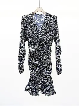Moterų Kontrasto Spalvų V-Kaklo, Geometrinis Spausdinti Mini Suknelė Ponios Šilko Plisuotos Plonas Juosmens Trumpas Rūbeliai už 2023 Pavasario Vasaros