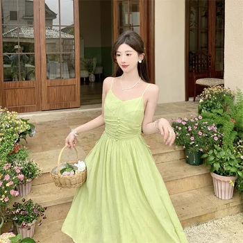 Nauja Vasaros Stebėjimo Backless Midi Moterų Suknelės, 2023 Paprastas Plonas Atostogų Ilgai Office Sundress Korėjos Lolita Laisvalaikio Stilius