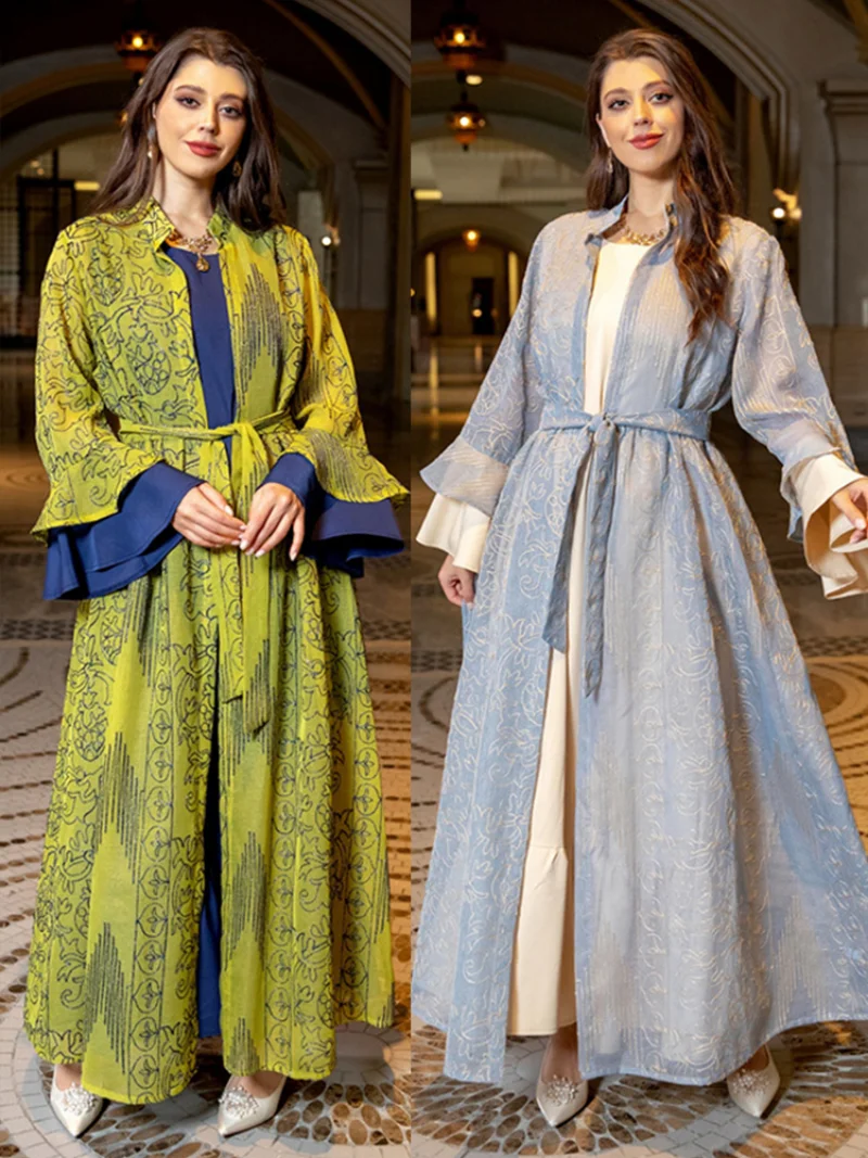 Musulmonų Eid Nustatyti Suknelė Moterims Abaja Šalies Pynimas Rankovės Suknelės Ramadanas Abayas Caftan Kaftan 2 dalių Komplektas Vestidos Dubajus Arabų