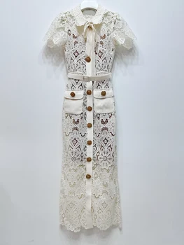 2023 Pavasario Vasaros Elegantiškos moters Aukštos Kokybės Derliaus Balta Nėrinių Diržas Suknelė C673