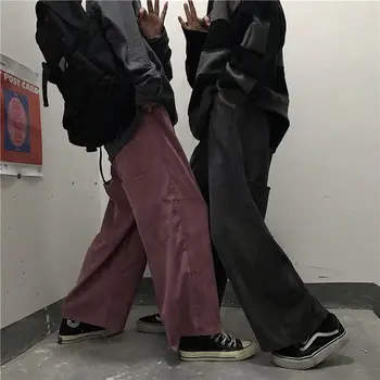 Y2k Velvetas Pločio Kojų Kelnės Korėjos Mados Derliaus Goth Prarasti Tiesiai Pora Kelnės Estetinės Priežastinis Didelis Kišenėje Streetwear
