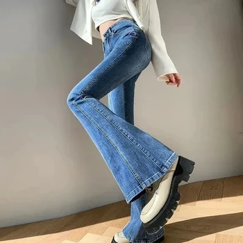 Mėlyna Aukšto Juosmens Užsiliepsnojo Džinsai Moterims 2023 Pavasario Slim Fit Pločio Kojų Džinsinio Audinio Kelnės Moteris Korėjos Mados Baggy Kelnės Streetwear