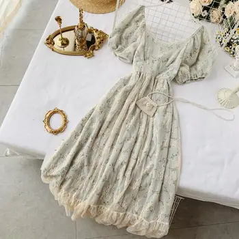 Vasaros Fairy Dress Moterų Prancūzų Stiliaus Vintage Retro Šifono Suknelė Sluoksniuotos Rankovėmis Atsitiktinis Elegantiškas Gėlių Spausdinti Suknelė Moterims 2022 Naujas