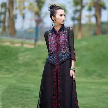 2023 kinijos derliaus satino žakardo kratinys suknelė nacionalinės gėlių siuvinėjimas rankovių suknelė rytų-line liaudies suknelė