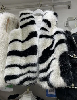 Dirbtiniais Kailiais Liemenė Moteriška Rudens-Žiemos Retro Zebra Modelis Mink Jautis Kailio Pliušinis Rankovių Paltai Moterims, Žiemą Storas Šiltas viršutinių drabužių siuvimas