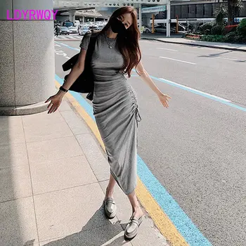 Korėjos Rytinių Vartų Pilka Slim Fit Trumpą Rankovėmis Wrap Klubo Tempti Pusės Split Plisuotos Suknelė