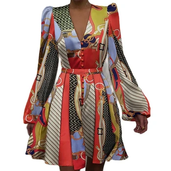 Elegantiškas Diržas Suknelė Moterų V-kaklo, Žibintų ilgomis Rankovėmis Mygtuką-line Klostuotas Mini Suknelė Moterų Pavasarį, Rudenį Atsitiktinis Vestidos 2023