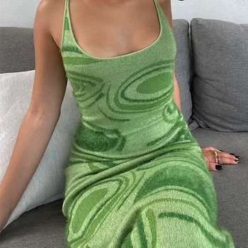 2023 Naują Spausdinimo Mezgimo Bodycon Suknelė Moterims Žalia Y2K Vasaros Tuščiaviduriai Iš Sexy Rankovių Spageti Dirželis Beach 