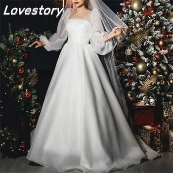 Satin White-Line Vestuvių Suknelės Ilgio Sluoksniuotos Rankovėmis Nuotaka Rūbeliai Iliuzija Vestuvinės Suknelės O Kaklo Paprastas Elegantiškas Vestidos De Noiva