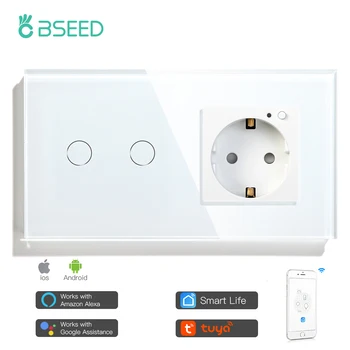 BSEED 2 Gaujos Smart Touch Šviesos Jungiklis Su ES elektros Lizdą Balta Juoda Aukso Sienos Jungiklis Jutiklis Crystal Stiklo plokštės Dirbti Su Tuya
