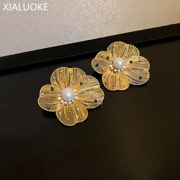 XIALUOKE Derliaus Hiperbolė Golden Flower Plunksnų Crystal Pearl Stud Auskarai Moterims Asmenybės Dideli Auskarai Šaliai, Papuošalai Naujas