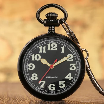 Vintage Black Vyrų Mechaninė Automatinė Kišeninio Laikrodžio Šviesos Arabiškais Skaitmenimis Analoginis Atidaryti Veido Rinkimo Pakabukas Laikrodis Fob Grandinė Dovanų