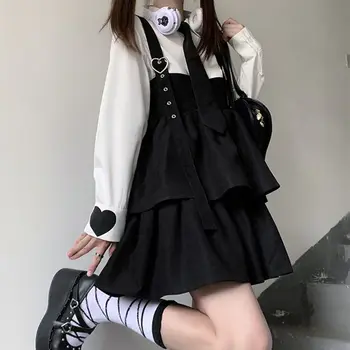 Kawaii Black Lolita Dress Moterų Pynimas Sluoksnis Japonijos mados Rankovių Dirželis Mielas Mini Suknelė Preppy Stiliaus Minkštas Mergina