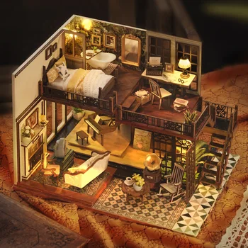 Lėlių namelis Casa Mediniai Miegamųjų 1/6 BJD Doll Namai Rinkinys Miniatiūriniai su Baldais Dvigubo Derliaus Loft Rankų darbo Pastato Modelis Žaislai