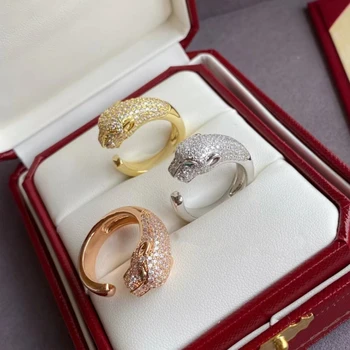 Klasikinis 925 sterling silver pilnas deimantų leopard galvą atidaryti žiedas valdinga mados prabangos prekės pokylių atostogų dovanų